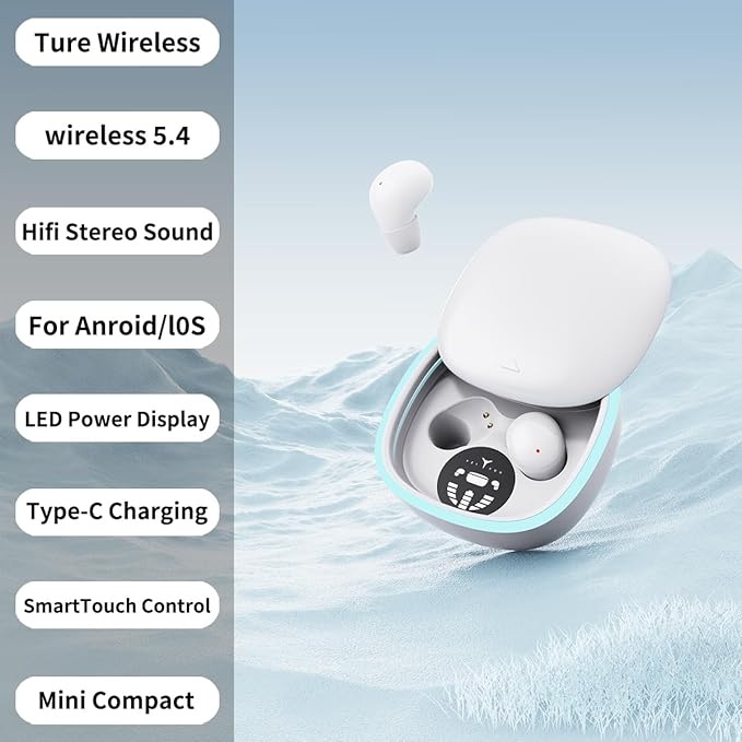 Sleep Ear Buds, True Wireless Earbuds, 2025 Ultra-Mini Bluetooth 5.4 Earbuds for Side Sleepers, Hi-Fi Stereo 3D Bass Noise Cancelling Bluetooth Headphones, Comfortable Invisible-White