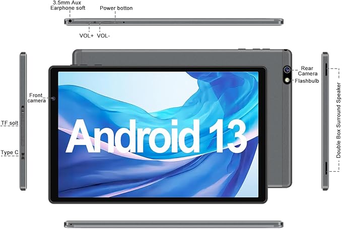 Android Tablet 10 inch Android 13 Tablets with 14GB RAM 128GB ROM, Octa-Core 2.0 GHz, 8000mAh Battery, 5G WiFi, Bluetooth 5.0, HD IPS Touchscreen, 5+8MP Camera Tablet with Keyboard Mouse Case, Grey