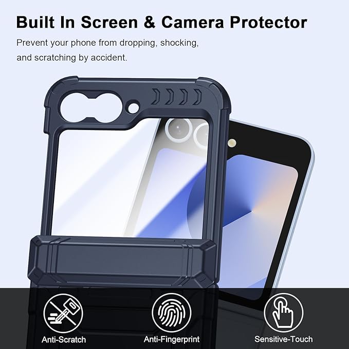 Military-Grade Protection ZFlip 6 / ZFlip 7 FE Case for Samsung Galaxy Z Flip 6 & Flip 7 FE: Shockproof TPU Frame, Hinge Protection, Glass Screen Protector, Anti-Slip Rugged Phone Cover (Dark Blue)