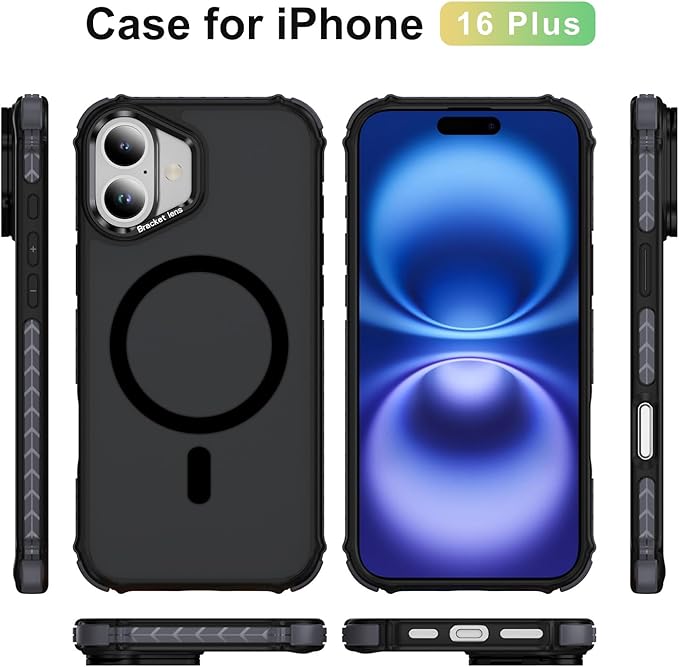 Magnetic for iPhone 16 Plus Case Black with MagSafe Wireless Charging Heavy Duty Military-Grade Shockproof Protection Adjustable Kickstand Slim Matte Anti-Fingerprint Cover Men Women