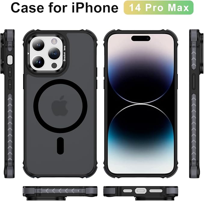 Magnetic for iPhone 14 Pro Max Case Black with MagSafe Wireless Charging Heavy Duty Military-Grade Shockproof Protection Adjustable Kickstand Slim Matte Anti-Fingerprint Cover Men Women
