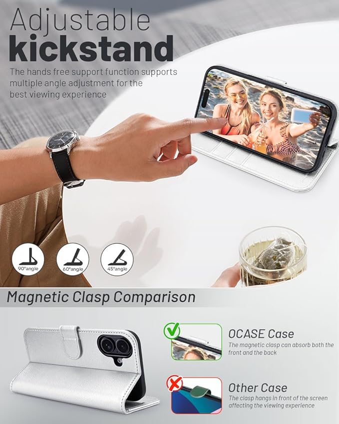 OCASE Compatible with iPhone 16 Wallet Case, PU Leather Flip Folio Case with Card Holders RFID Blocking Kickstand [Shockproof TPU Inner Shell] Phone Cover 6.1 Inch 2024, Silvery