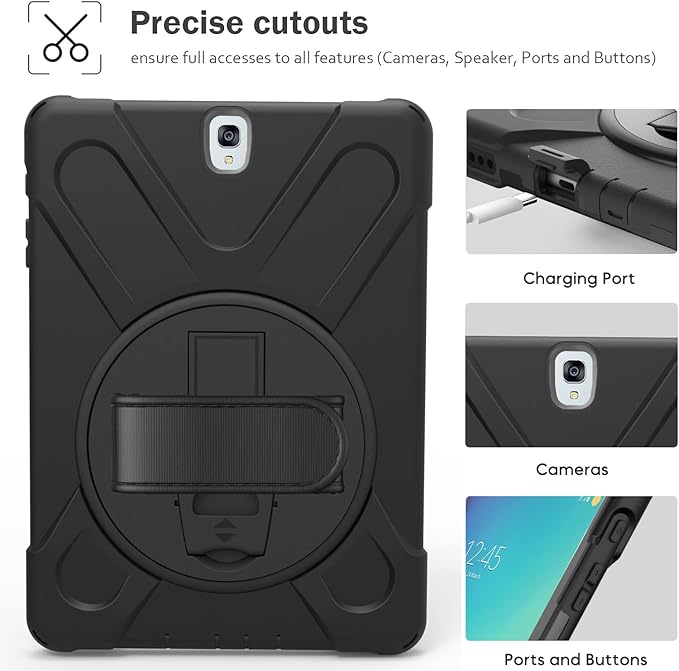 DreamerX for Samsung Galaxy Tab S3 9.7 Case T820/T825/T827, Heavy Duty Rugged Full Body Drop Protective Silicone Cover for Kids with Rotating Stand Handle Hand Strap Carrying Shoulder Strap, Black