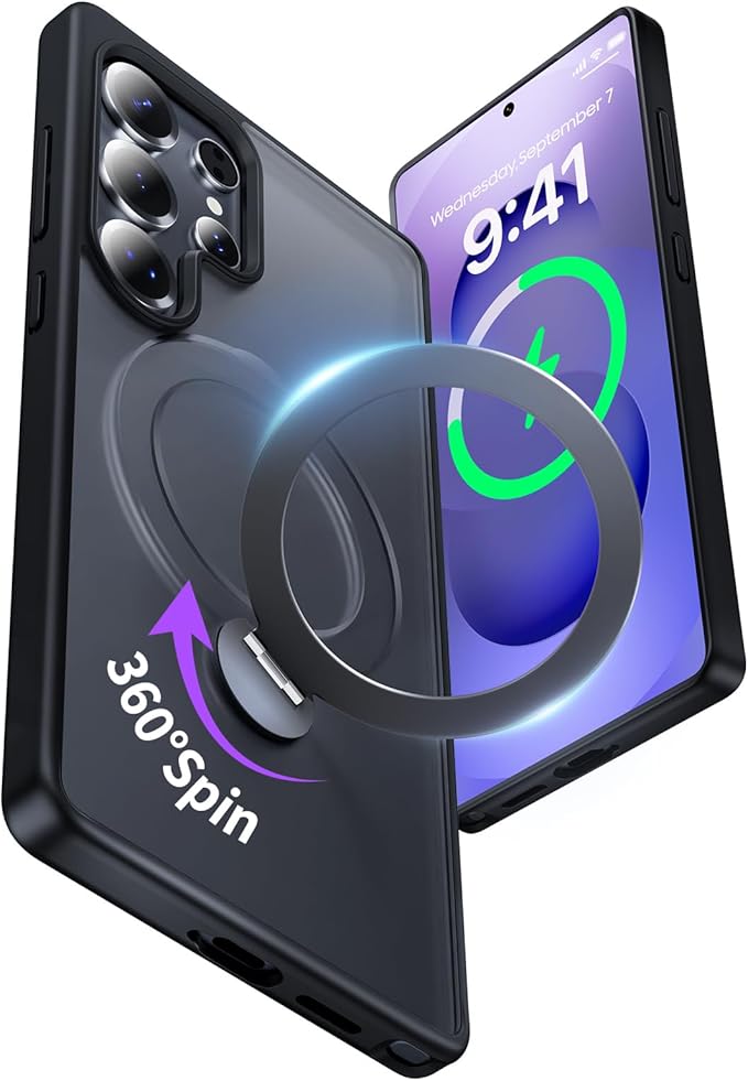 for Samsung Galaxy S25 Ultra Case,Compatible with Magsafe [Wireless Charging],with 360°Rotatable Magnetic Ring Stand Matte Translucent Slim Soft Edge Phone Kickstand,Black