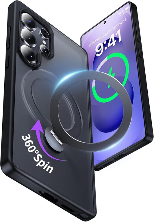 for Samsung Galaxy S25 Ultra Case,Compatible with Magsafe [Wireless Charging],with 360°Rotatable Magnetic Ring Stand Matte Translucent Slim Soft Edge Phone Kickstand,Black