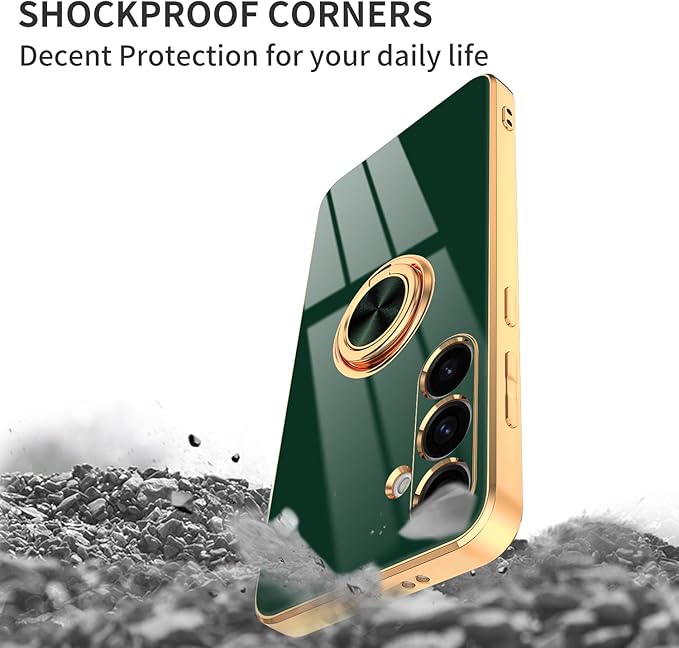 Dinick Green for Samsung Galaxy S24+ Case with Ring Holder Kickstand [with Magnetic] Soft TPU Bumper, Glitter Gold Electroplated Cover Slim Thin Protective Phone Case for Galaxy S24 Plus