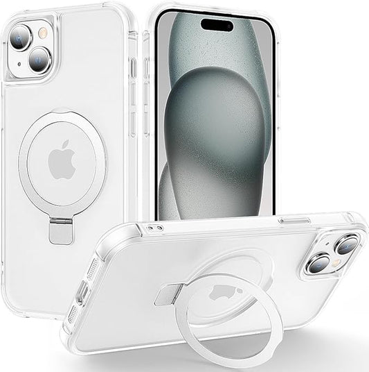 Magnetic Compatible with iPhone 15 Case with Stand [Military Grade Drop Tested][Compatible with Magnet] Ring Translucent Slim Hard Back Soft Edge, Frost White