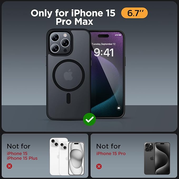 Miracase Magnetic for iPhone 15 Pro Max Case 6.7 inch (Compatible with MagSafe)（with 2X Screen Protectors） Military-Grade Protection, Anti-Fingerprint Translucent Matte Phone Cover, Black