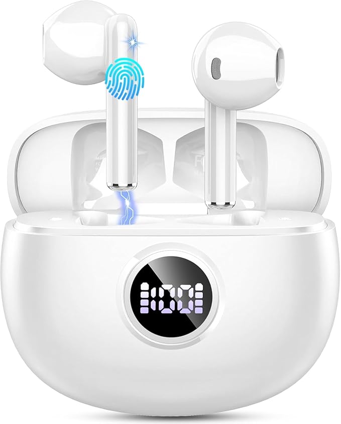 Wireless Earbuds, 2025 Bluetooth 5.3 Headphones HiFi Stereo Ear buds with ENC Noise Cancelling Mics, 40H Bluetooth Earbuds with Dual LED Display, IP7 Waterproof in Ear Earphones for Android iOS, White