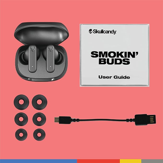 Skullcandy Smokin’ Buds Wireless Earbuds, Bluetooth Headphones, Noise Isolating Fit, Up to 20 Hours Battery, IPX4 Sweat and Water Resistant, Microphone for iPhone Android - Flame