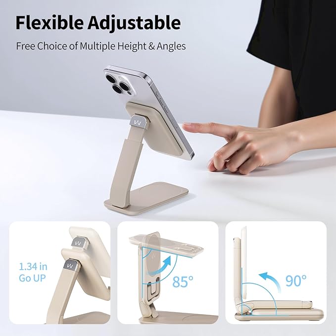 iWALK Magnetic Cell Phone Stand for Desk, Angle and Height Adjustable Mobile Phone Holder, Foldable Magnet Stand for iPhone 16 15 14 13 12 Pro Max and iPad Cell Phone Holder, Light Brown