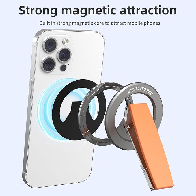 Magnetic-Phone-Grip-Stand, Magnetic Phone Ring Holder Kickstand with Silicone Finger Strap, Compatibility for iPhones, Androids, and More (Orange)