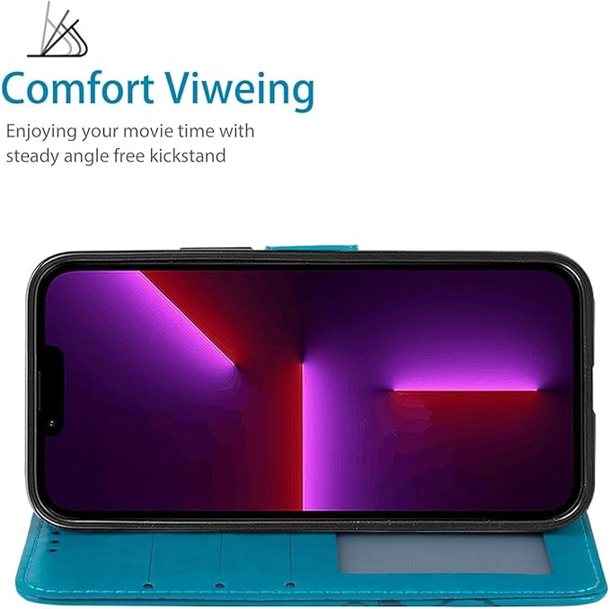 Case for iPhone 13 Case, iPhone 14 Wallet Case with Tempered Glass Screen Protector, Flower Leather Flip Credit Card Holder Stand Phone Cover Cases for iPhone 14 Blue