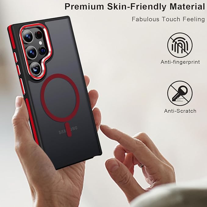 for Samsung Galaxy S24 Ultra Case, Magnetic Phone Case Compatible with Magsafe, Anti-Slip Drop Protection Silky Translucent Back Cover for Galaxy S24 Ultra (Black/Red)