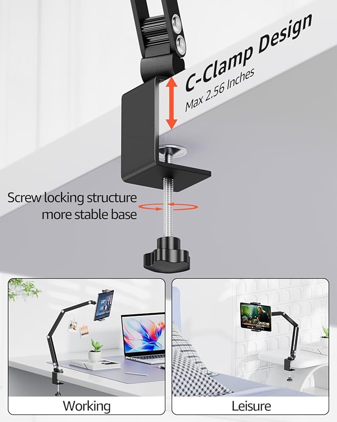 Urmust Tablet Holder Mount with Extendable Arm, Multi-Angle Adjustable for 4.7-13" iPad Pro, Air, Galaxy Tab, Kindle Fire, Switch - Universal Tablet Stand for Desk, Desk & Work