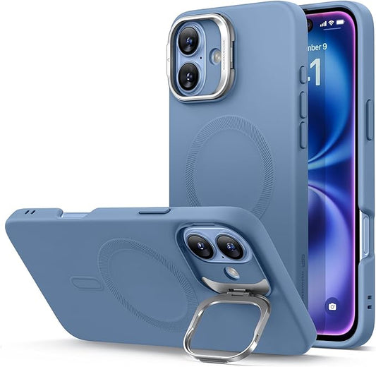 ESR for iPhone 16 Case, Silicone Case with Stand, Compatible with, Military-Grade Protection, Built-in Camera Stash Stand, Magnetic Phone Case for iPhone 16, Cloud Series, Light Blue