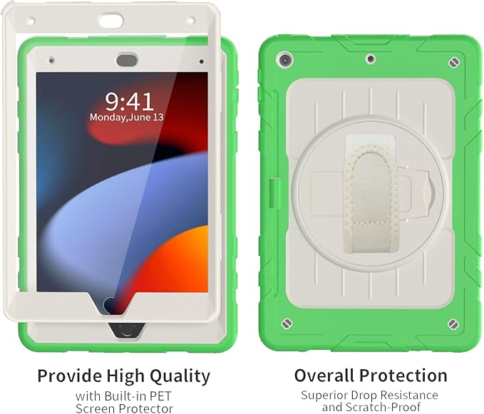 Case for iPad 9th/8th/7th Generation-Built-in Screen Protector,with Pencil Holder&360°Rotating Hand Strap,Shoulder Strap,Case for iPad 10.2 inch 2021-2019(Green/Beige)