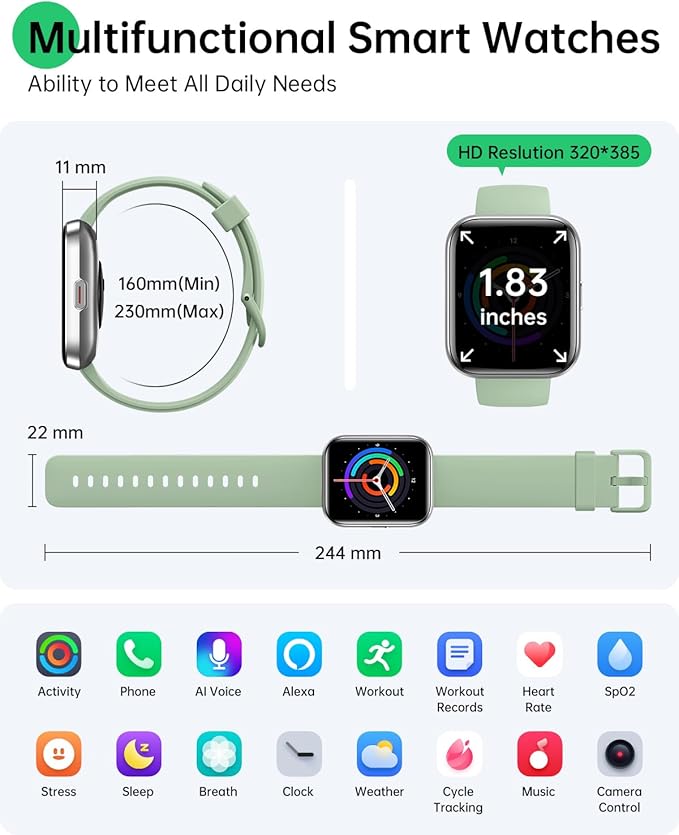 Smart Watches for Women and Men - Smart Watch Compatible for iPhone Android Phone,Alexa,Call & Notification Alerts,Heart Rate & Sleep Monitor,3 ATM Waterproof 1.83 Inches Fitness Tracker