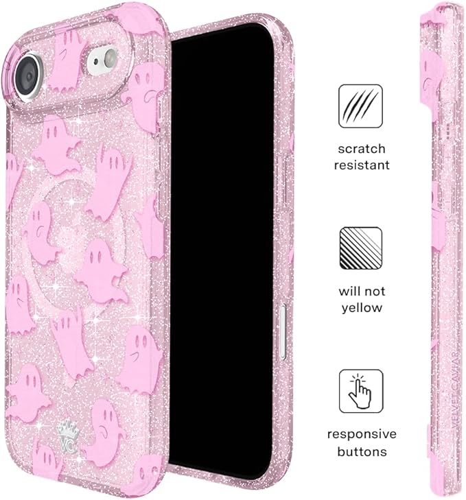 VELVET CAVIAR Case for iPhone 17 Air | Compatible with MagSafe | 10ft Drop Tested | Protective Halloween Cases | Ghosted Pink Glitter
