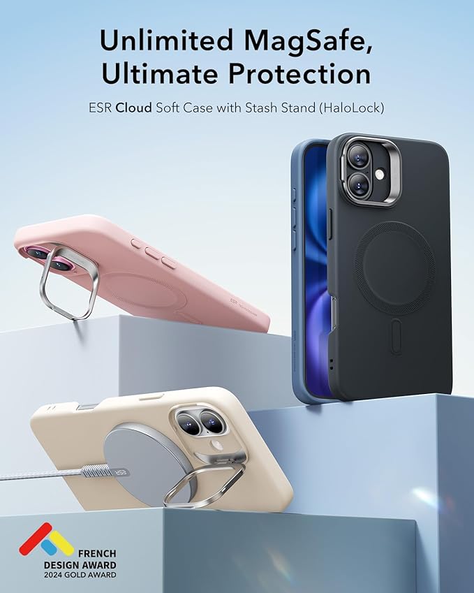 ESR for iPhone 16 Case, Silicone Case with Stand, Compatible with, Military-Grade Protection, Built-in Camera Stash Stand, Magnetic Phone Case for iPhone 16, Cloud Series, Light Tan