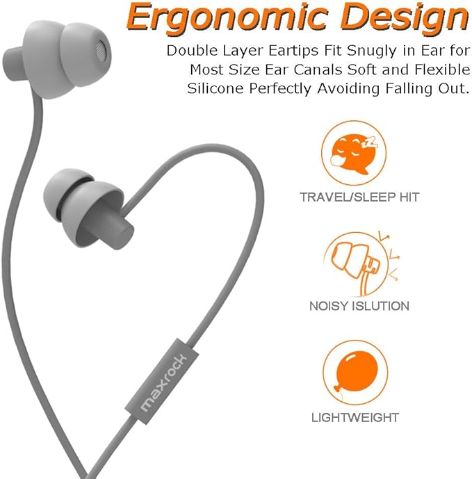 MAXROCK Sleeping Headphones, in-Ear Soundproof Earplug Soft Earbuds with Mic Noise Cancelling Sleep Earphones Earpods for Side Sleeper, Insomnia, Snoring, Air Travel, Bedtime Listening… (Gray)