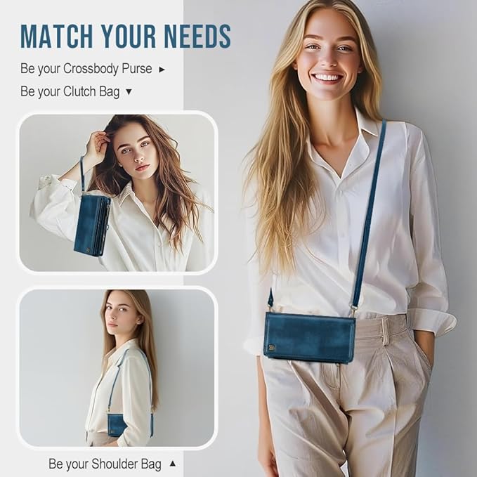 for iPhone 17 Pro Wallet Phone Case with 7 Card Holder,RFID Blocking | PU Leather | Kickstand | Flip | Wrist Strap&Shoulder Strap | Shockproof | Zipper Wallet | Women Men | 6.3" | Blue