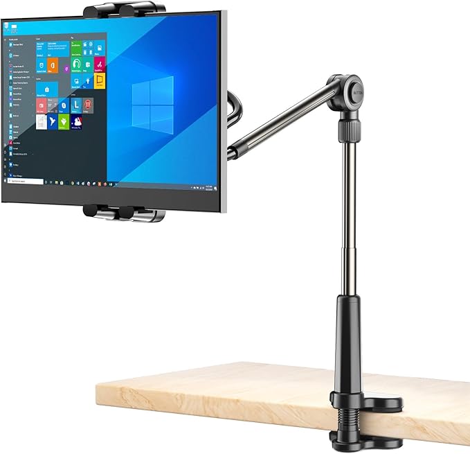 Foldable Desk Tablet Mount for iPad Portable Monitor 4.7-15.6'', Long Gooseneck Tablet Arm Holder, Table Tripod with Clamp Compatible with Surface Pro, All iPad Pro 12.9