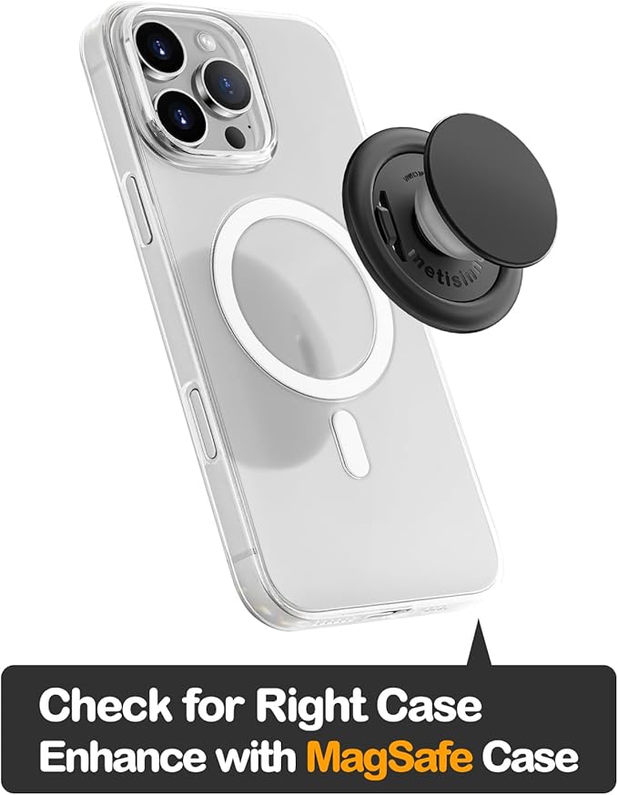 metisinno Phone Grip for MagSafe, Magnetic Stand for iPhone MagSafe Cases, One Finger Pop and Snap, Removable for Wireless Charging, Black