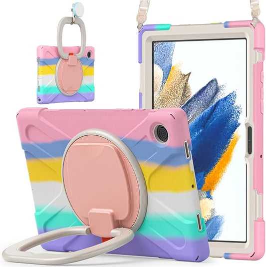 360 Rotation Galaxy Tab A8 10.5" Case Sturdy Cover Rotate Ring Stand Shoulder Carrying Strap Hand Strap Rugged Children Adults Outdoor Case, Colourful Pink