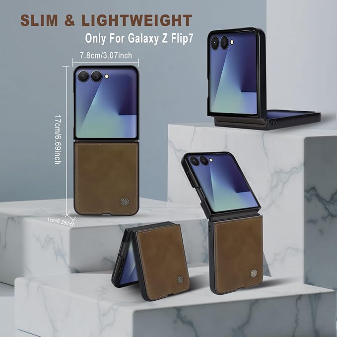 ASAPDOS Leather Folio Magnetic Case for Samsung Galaxy Z Flip 7 [Compatible with MagSafe],Built-in Screen Protector and PU Leather Thin Slim Protective Case Cover Light Brown