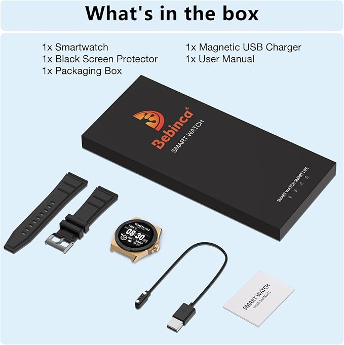 Bebinca Smart Watch for Men Compatible with iPhone Samsung Android Phone, 1.32'' HD Screen IP68 Waterproof Bluetooh Fitness Tracker Heart Rate/Sleep Monitor(Black-Gold)