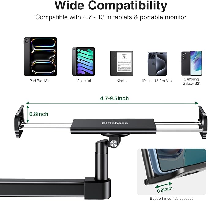 elitehood Long Arm iPad Desk Mount with Grommet Mounting Base, Heavy Duty Aluminum Tablet Holder for Desk, Swivel Arm Mount for iPad Pro 13/12.9 Air Mini, iPhone and 4.7-13in Tablets
