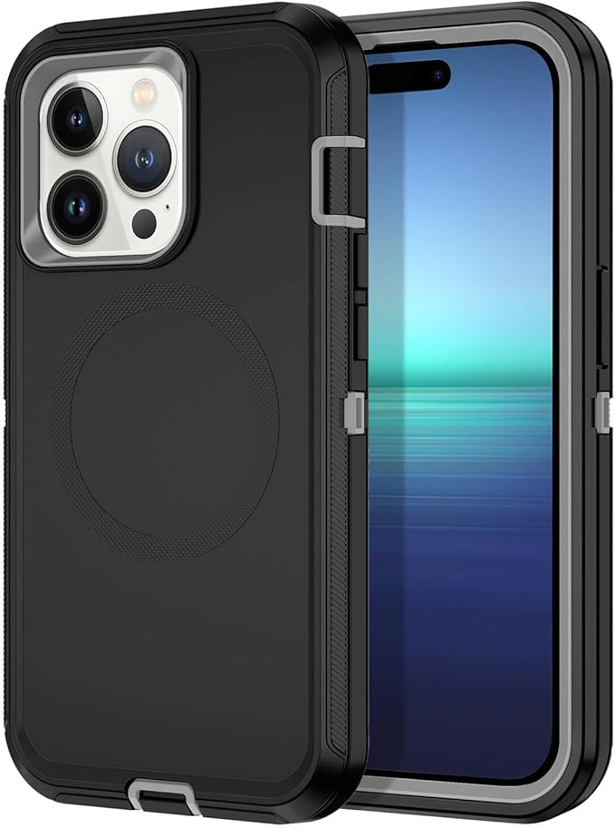 for iPhone 14 Pro Max Case [Compatible with MagSafe] Shockproof 3-Layer Full Body Protection Rugged Heavy Duty Cover Case for Apple iPhone 14 Pro Max 6.7",Black/Grey