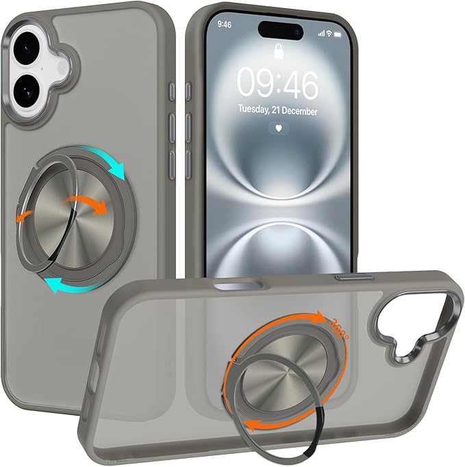 ZIYE Gray Case for iPhone 16 Plus Case with Stand [Compatible with MagSafe] Slim Heavy Duty Protection Military Grade Shockproof Magnetic Cover with 360 Rotatable Ring Kickstand for Women Men