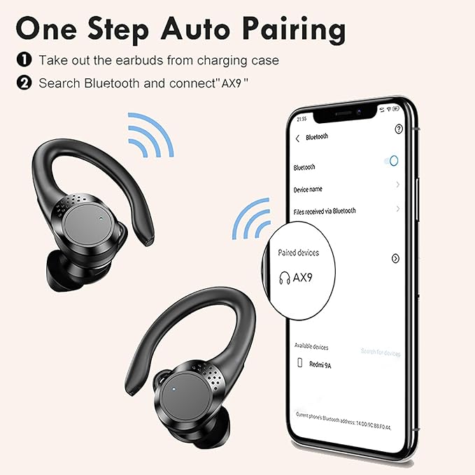 AX9 Pro Wireless Over Ear Earbuds 10H Single Playtime with Power Display, IPX6 Waterproof Wireless Earbuds Running Comfortable Premium Sound Gym Headphones (Black)