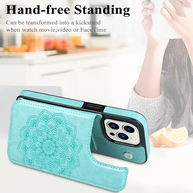 MMHUO for iPhone 15 Pro Case with Card Holder,Flower Magnetic Buttons Protective Wallet Case for Women for iPhone 15 Pro,Mint