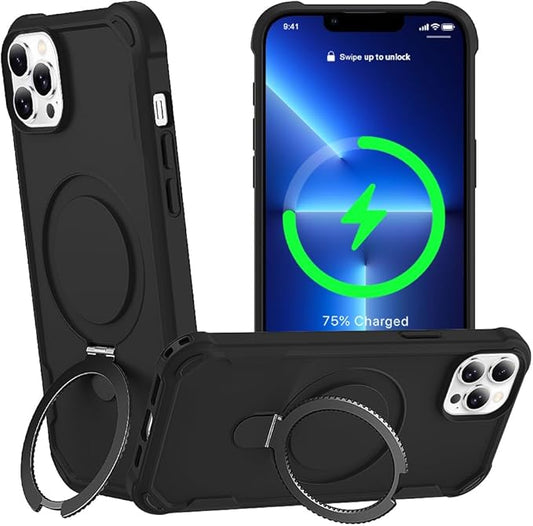 Designed for iPhone 12 Pro Max & 13 Pro Max Case with Magnetic Stand [Military Drop Protection][Compatible with Magnet] Shockproof 12 Pro Max & 13 Pro Max Phone Case with Ring Holder, Black