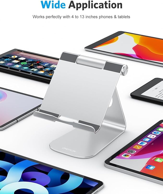 OMOTON Tablet Stand Holder Adjustable, T1 Desktop Aluminum Tablet Dock Cradle Compatible with iPad Air/Mini, iPad 10.2/9.7, iPad Pro 11/12.9/13, Samsung Tab and More Up to 13 inch, Silver