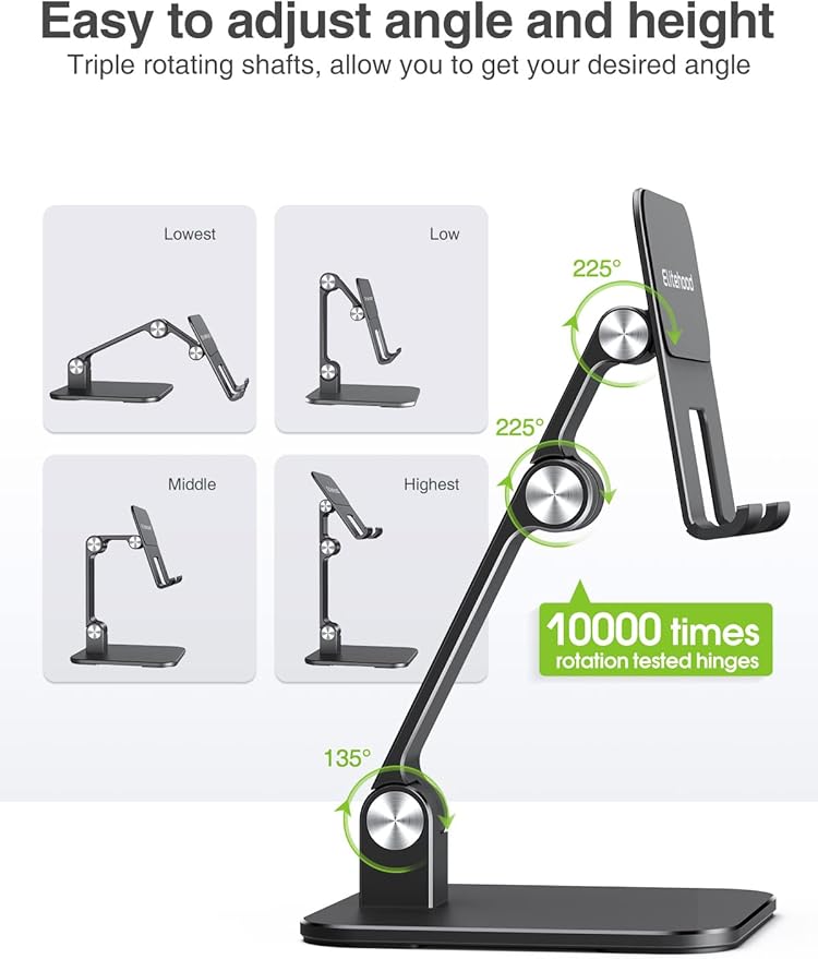 elitehood Aluminum iPad Stand for Desk [Ultra-Stable & Sturdy], Height Adjustable Tablet Stand, Portable Tablet Holder Dock for Home Office, Compatible with iPad Pro 12.9, iPad Air Mini 6 5 4 3, Black