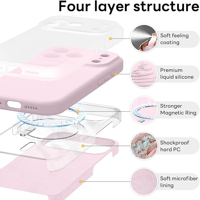 Vooii Magnetic Compatible with iPhone 17 Pro Max Case (Compatible with Magsafe) (Upgraded Camera Protection) Liquid Silicone Shockproof Full Body Protective Phone Cover for Women Men, Chalk Pink, 6.9”