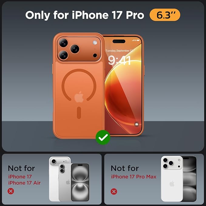 Miracase Magnetic for iPhone 17 Pro Case 6.3" with Screen Protector, [Compatible with MagSafe] Military-Grade Protection, Anti-Fingerprint, Slim Thin Phone Case for 17 Pro Cover, Orange