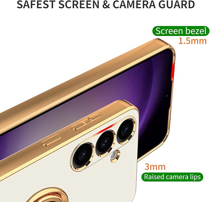 Dinick White for Samsung Galaxy S24+ Case with Ring Holder Kickstand [with Magnetic] Soft TPU Bumper, Glitter Gold Electroplated Cover Slim Thin Protective Phone Case for Galaxy S24 Plus
