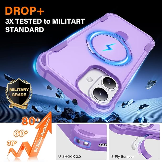 Designed for iPhone 16 Plus Case with Magnetic Stand [Military Drop Protection][Compatible with Magnet] Shockproof 16 Plus Phone Case with Ring Holder, Purple