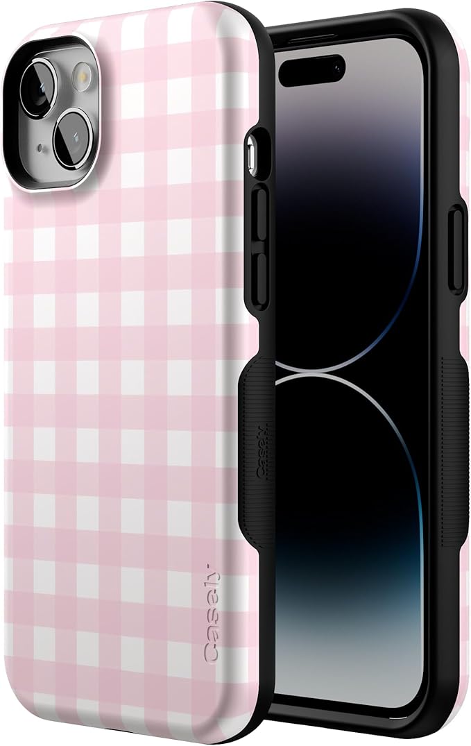 Casely iPhone 14 Case | Pink Plaid | Sunday Best | Compatible with MagSafe | Bold Protective Design