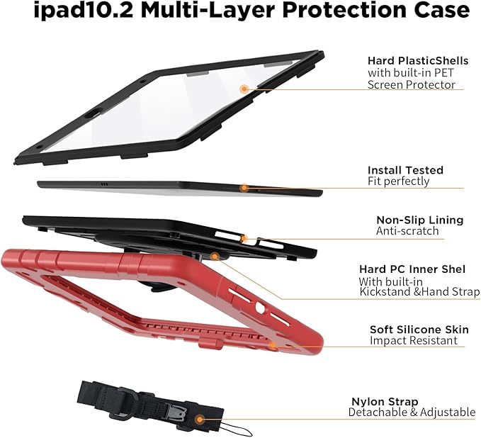 Case for iPad 9th/8th/7th Generation-Built-in Screen Protector,with Pencil Holder&360°Rotating Hand Strap,Shoulder Strap,Case for iPad 10.2 inch 2021-2019(Red/Black)