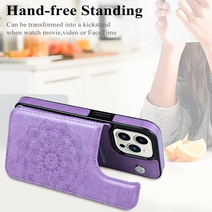 MMHUO for iPhone 15 Pro Case with Card Holder,Flower Magnetic Buttons Protective Wallet Case for Women for iPhone 15 Pro,Purple