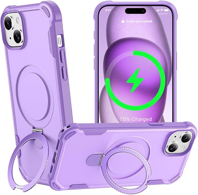 Designed for iPhone 15 Case with Magnetic Stand [Military Drop Protection][Compatible with Magnet] Shockproof 15 Phone Case with Ring Holder, Purple
