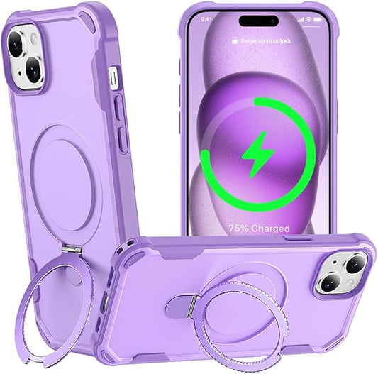 Designed for iPhone 15 Case with Magnetic Stand [Military Drop Protection][Compatible with Magnet] Shockproof 15 Phone Case with Ring Holder, Purple