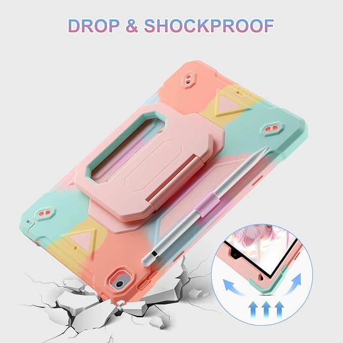for iPad 9th/ 8th/ 7th Generation Case (iPad 10.2 inch Shockproof Case) with 360 Rotating Grip Magic Stand, Pencil Holder/Keychain/Carrying Shoulder Strap, for iPad 10.2 inch Girls (Colourful)