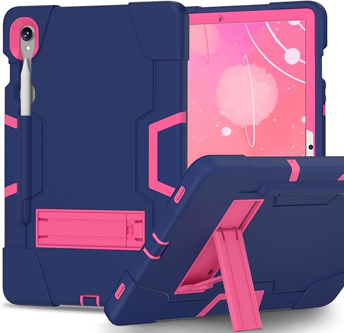case for Galaxy Tab S10 FE / S9 (2023) 11" / S9 FE / S7 / S8 Case, Soft Silicone & Hard Pc 3-Layer Military Protector Cover for Tab S10 FE with S-Pen Holder Stand Navy Blue+Rose Red